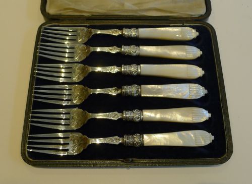 fig 1. Antique English Sterling Silver & Mother of Pearl Cake or Desert Forks - 1892