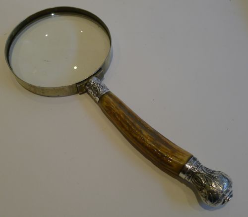 Antique English Antler Horn & Sterling Silver Handled Magnifying Glass