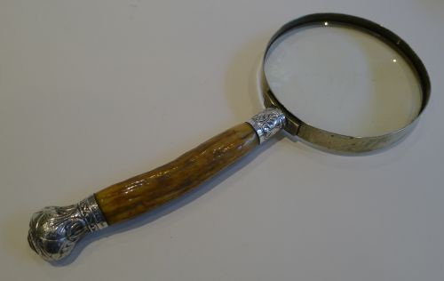 fig 1. Antique English Antler Horn & Sterling Silver Handled Magnifying Glass