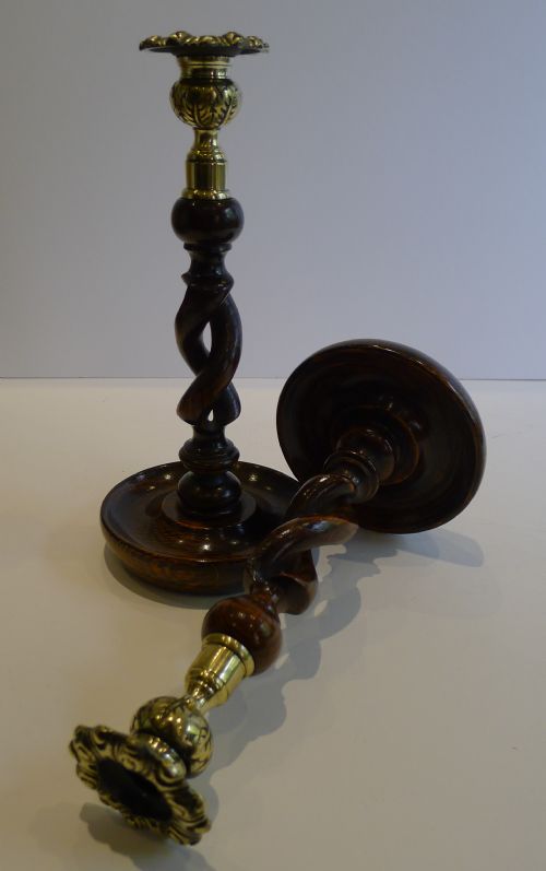 Pair Antique English 10" Oak Open Barley Twist Candlesticks - Brass Thistle Tops