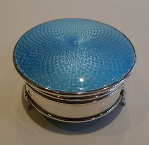 English Sterling Silver & Turquoise Guilloche Enamel Jewellery Box - 1925