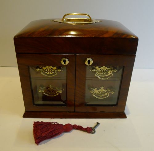 Stunning English Walnut Jewellery Box with Glazed Doors C.1900