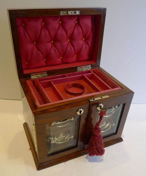 fig 1. Stunning English Walnut Jewellery Box With Glazed Doors c.1900