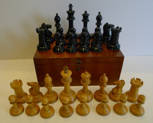 Antique English Jaques Staunton Chess Set with Red Crown Marks C.1900