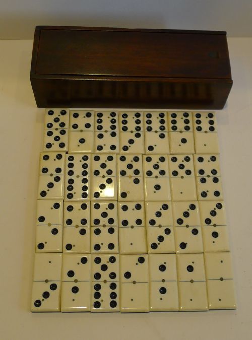Antique English Boxed Set Bone & Ebony Wood Dominoes C.1890