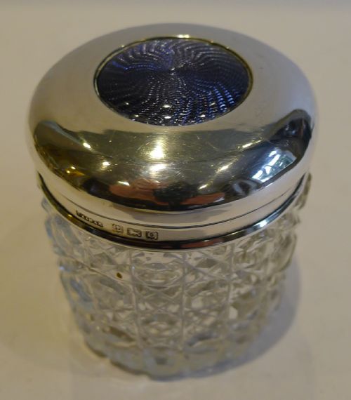 Antique English Sterling Silver & Guilloche Enamel Lidded Jar / Box