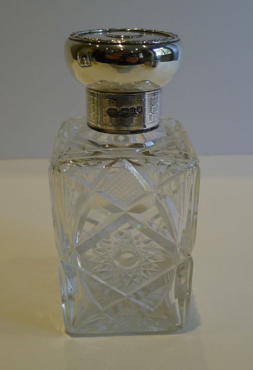 fig 1. Handsome English Cut Crystal & Sterling Silver Perfume or Scent Bottle - 1915