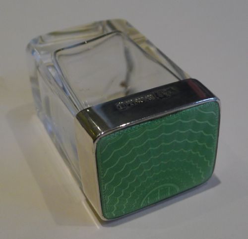 Small English Sterling Silver & Green Guilloche Enamel Pot
