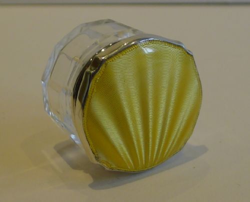 English Sterling Silver & Yellow Guilloche Enamel Lidded Pot - 1936