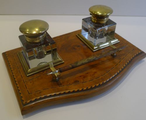 Handsome Antique English Birdseye Maple Inkstand / Inkwell C.1900