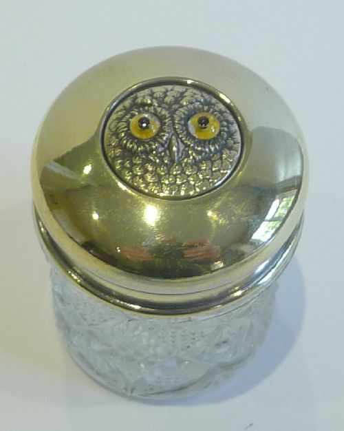 Antique English Vanity Jar - Brass Owl with Glass Eyes C.1900