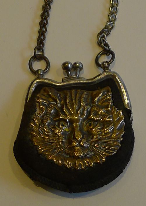 Charming Little Antique English Leather Coin Purse - Brass Cat - Glass Eyes