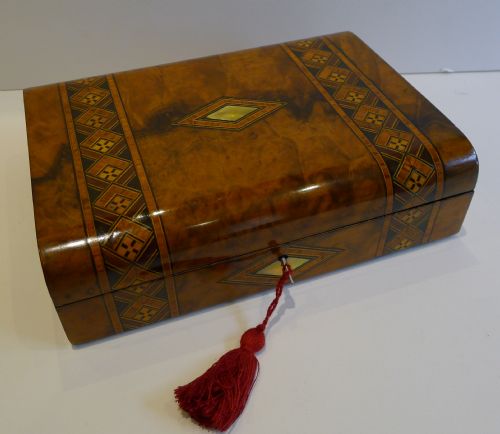 Antique English Burl Walnut & Tunbridge Desk Box C.1860