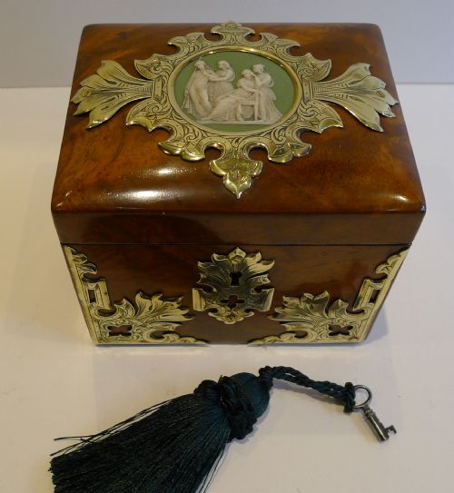 Magnificent Antique English Walnut Tea Caddy Jasperware / Wedgwood Plaque