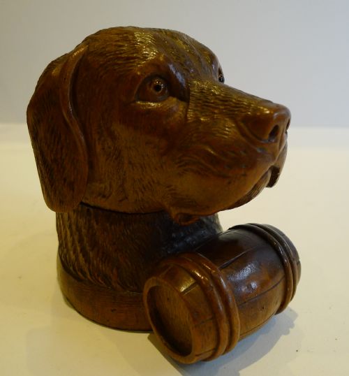 Charming Antique Black Forest Figural (Dog) Inkwell with Whisky Barrel C.1890