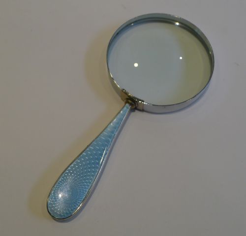 Antique English Sterling Silver Handled Magnifying Glass with Guilloche Enamel - C.1910