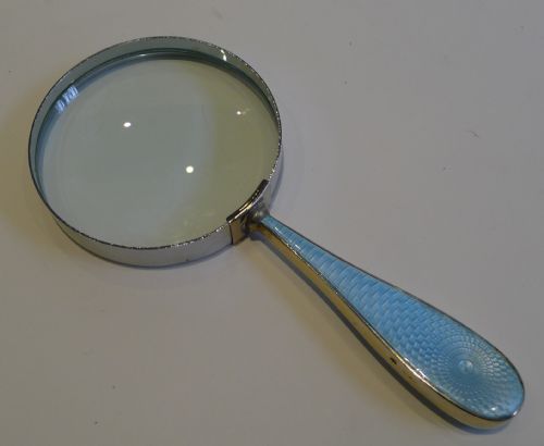 fig 1. Antique English Sterling Silver Handled Magnifying Glass With Guilloche Enamel - c.1910