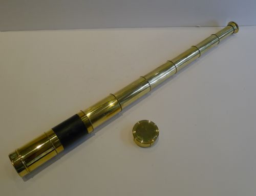 Antique English Leather Bound Polished Brass Telescope - Six Drawer
