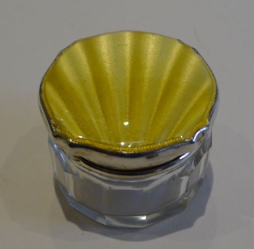 English Sterling Silver & Yellow Guilloche Enamel Lidded Pot - 1936