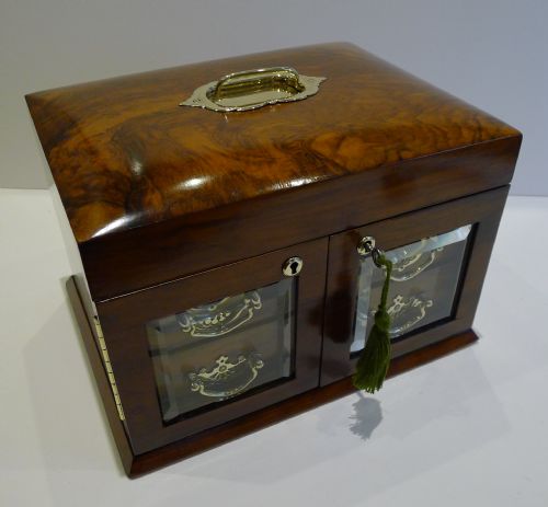 Large Antique English Walnut Jewellery Box / Cabinet - Bevelled Glass Doors C.1890