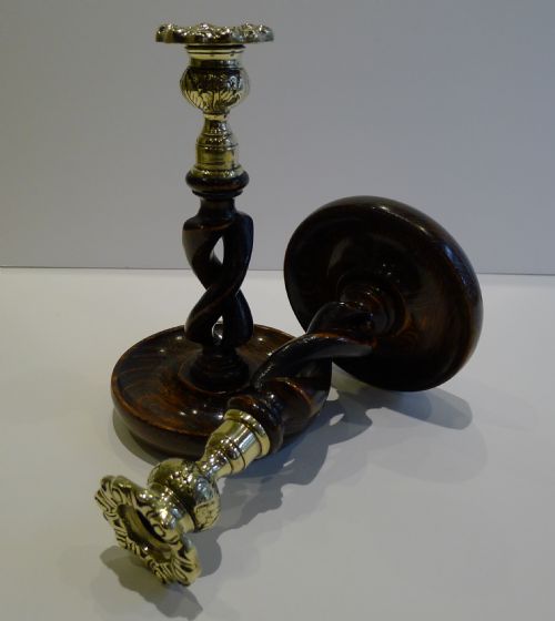 Pair 8" Antique English Oak Open Barley Twist Candlesticks - Brass Thistle Tops