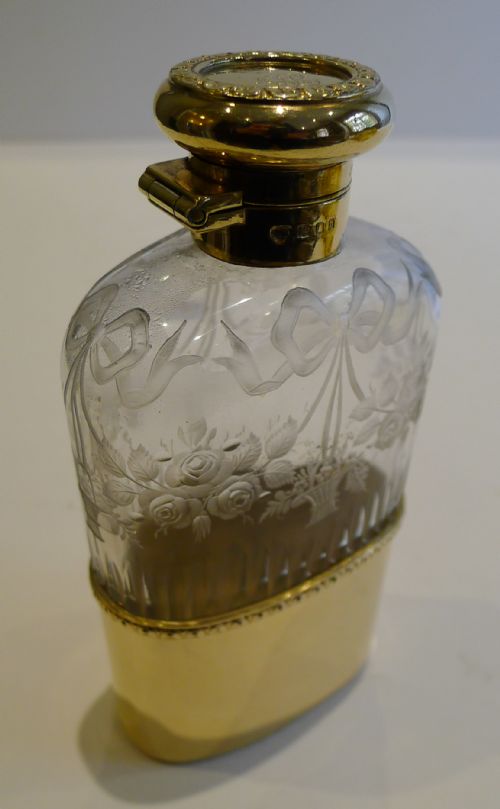 Grand Engraved Crystal & Silver Gilt Hip Flask