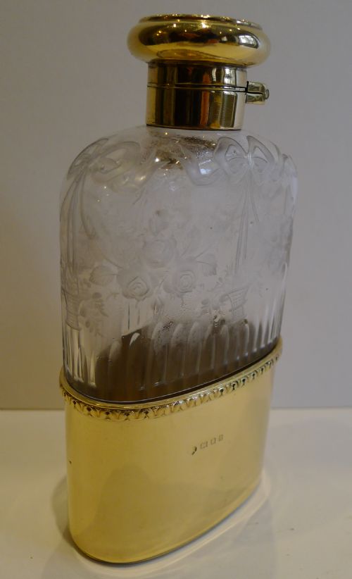 fig 1. Grand Engraved Crystal & Silver Gilt Hip Flask