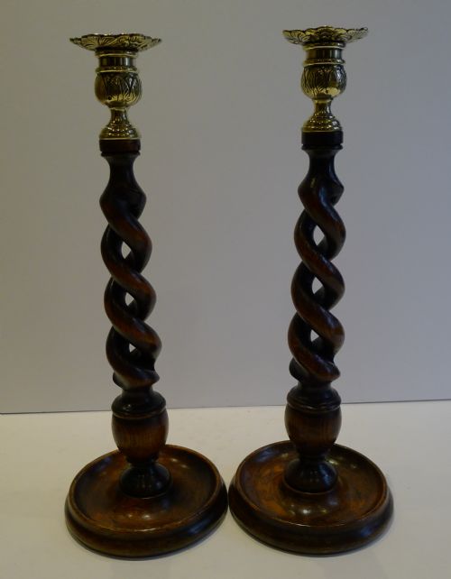 Towering Pair 14" Solid Oak Open Barley Twist Candlesticks - Brass Tops