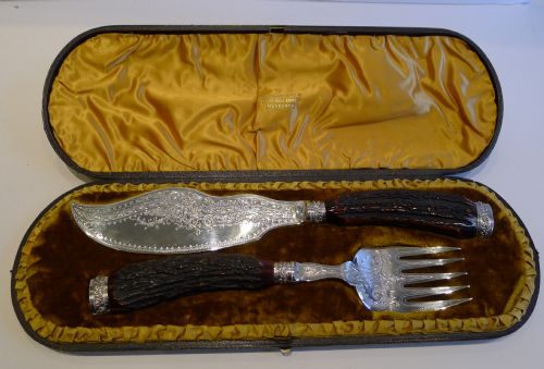 Magnificent & Grand Antler Horn & Silver Fish Servers - 1886