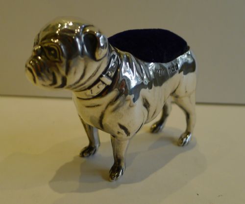 Rare Antique Sterling Silver Figural Pin Cushion, English Bulldog