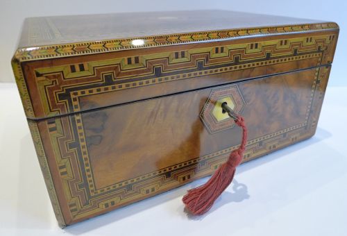 fig 1. Beautiful Antique English Jewellery Box - Tunbridge Inlaid Walnut c.1860