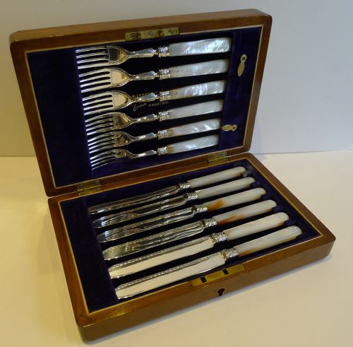 Antique Silver Plate & Mother of Pearl Fruit Knives & Forks - Original Box C.1900