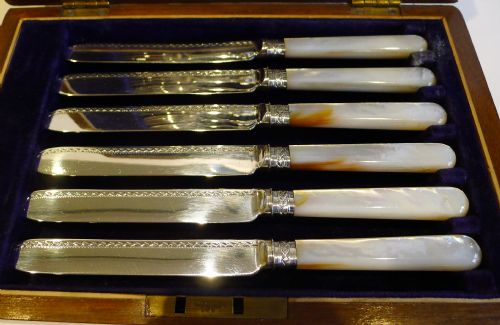 fig 1. Antique Silver Plate & Mother of Pearl Fruit Knives & Forks - Original Box c.1900