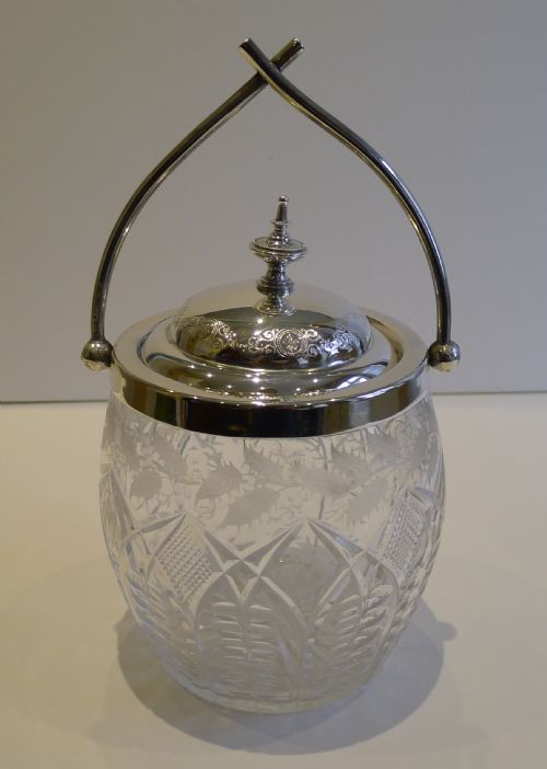 Antique English Cut Crystal & Silver Plated Biscuit Box / Barrel C.1890