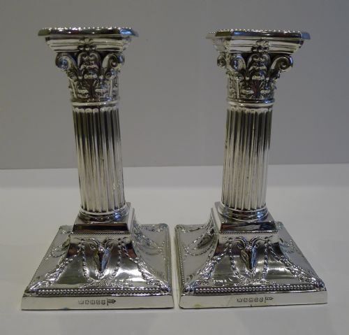 Pair Antique English Silver Plated Candlesticks - Corinthian Columns