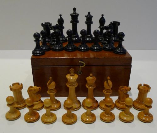 Antique English Jaques Staunton Chess Set with Red Crown Marks C.1900