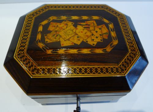 Fabulous Early English Tunbridge Ware Playing Card Box with Period Cards C.1820