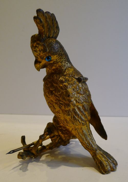 Wonderful Antique English Bronze Figural Inkwell - Cockatoo C.1850
