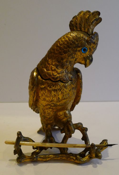 fig 2. Wonderful Antique English Bronze Figural Inkwell - Cockatoo c.1850