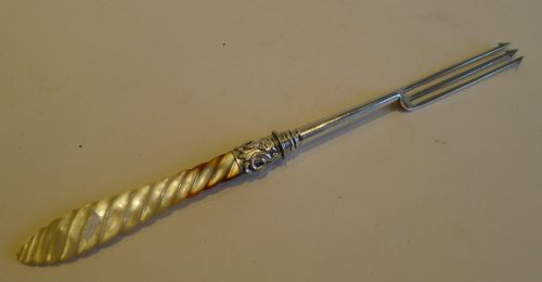 Antique English Sterling Silver & Mother of Pearl Pickle Fork by George Unite