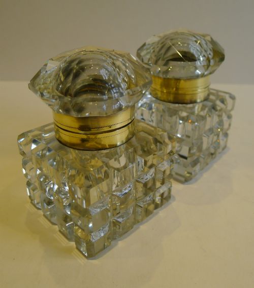 Pair Large Antique English Cut Crystal Inkwells C.1890
