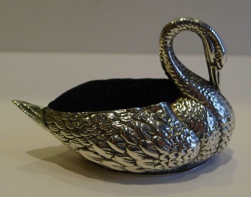 Antique English Sterling Silver Figural Pin Cushion - Swan - 1914