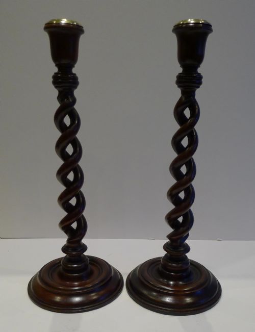 Pair 13 1/2" Mahogany Open Barley Twist Candlesticks C.1880
