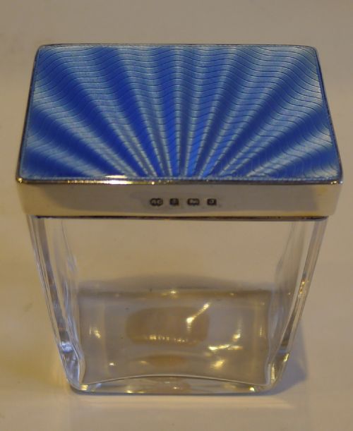 English Art Deco Cut Glass, Sterling Silver & Guilloche Enamel Jar - 1933