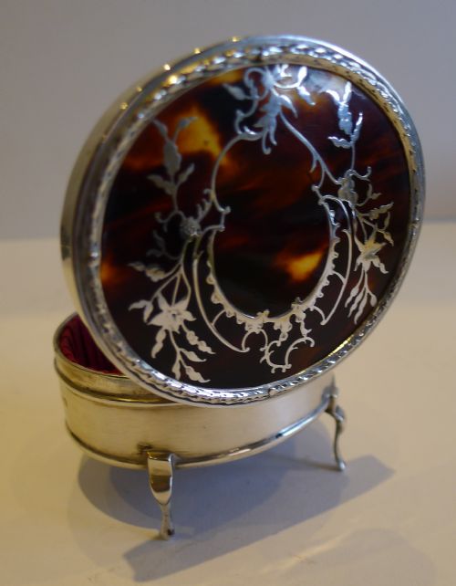 Antique Englsih Sterling Silver & Tortoiseshell Jewellery Box - Silver Pique Inlay