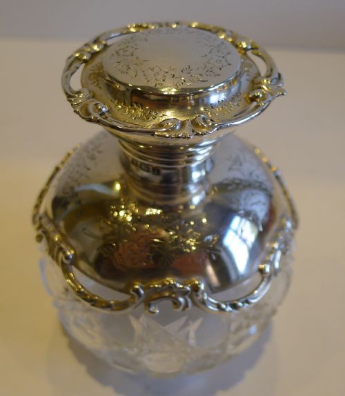 Prettiest Antique English Sterling Silver Topped Perfume Bottle - 1910