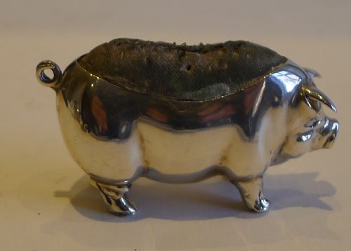 Antique English Sterling Silver Figural Pin Cushion - Pig or Sow - 1904