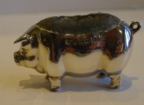 fig 1. Antique English Sterling Silver Figural Pin Cushion - Pig or Sow - 1904
