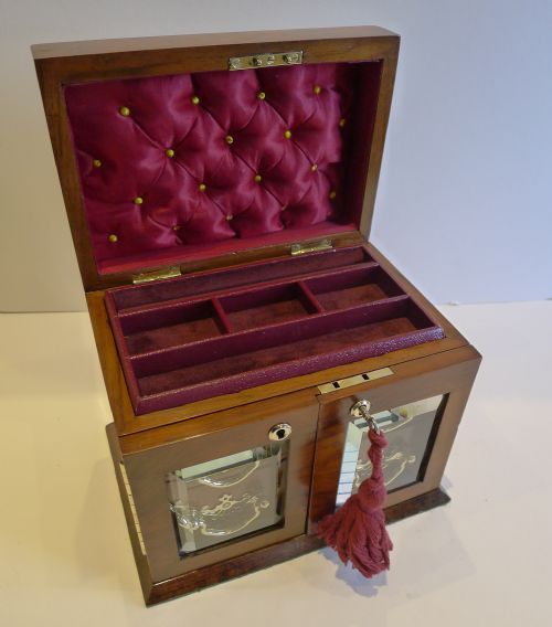 fig 1. Stunning English Walnut Jewellery Box With Glazed Doors c.1900