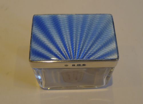 English Art Deco Cut Glass, Sterling Silver & Guilloche Enamel Box - 1933